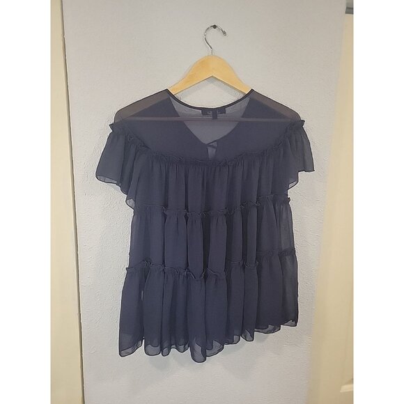 Elise Size Small Navy Blue Sheer Tiered Blouse - Picture 5 of 5